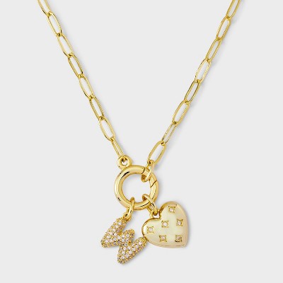 14K Gold Dipped Cubic Zirconia Puffy Heart Charm Initial Necklace - A New Day™ Gold