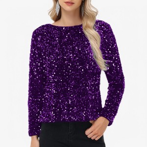 Anna-Kaci Women's Long Sleeve Sequin Top Round Neck Sparkle Blouse - 1 of 4