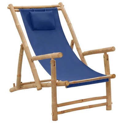 vidaXL Height-Adjustable Bamboo Deck Chair with Armrests and Polyester Canvas in Navy Blue