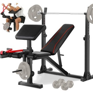 KRISRATE Weight Bench Set with Leg Extension and Curl, Home Gym Bench Press Set & Barbell Rack, Safety Spotter Catches, Preacher Curl Workout Benches - 1 of 4