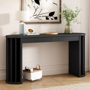 Modern Oval Console Table with Oak Veneer and Fan-Shaped Legs,MDF Entryway Table with 2 Drawers for Living Room or Hallway-Cuddlewood - 1 of 4