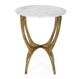 Christopher Knight Home Lexie Boho Glam Handcrafted Marble Top Side Table White/Antique Brass: Elegant Round Accent Table for Living Room - 1 of 4