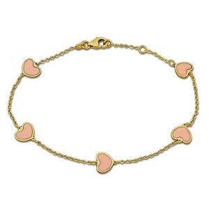 EVERLY JEWELRY | 14K Yellow Gold Light Pink Enamel Heart Station Bracelet, 7.5 inch - 1 of 4