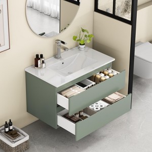 KWPZQEB 32" Modern Wall-Mounted Bathroom Vanity with Sink Combo, Floating Vanity with Double Drawers & Unique Handle-Free Design for Small Space - 1 of 4