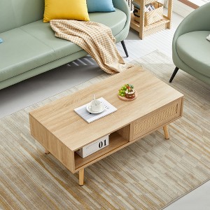 Zeus & Ruta 41.34" Rattan Coffee Table with Sliding Door Storage & Solid Wood Legs - 1 of 4
