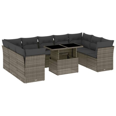 vidaXL 10 Piece Patio Sofa Set with Cushions Gray Poly Rattan - without storage