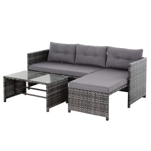 Outsunny 3 Piece Patio Furniture Set, Rattan Outdoor Sofa Set with Chaise Lounge & Loveseat, Soft Cushions, Table, L-Shaped Sectional Couch, Gray - 1 of 4
