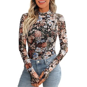Coolmee Women Lace Sheer Long Sleeve Floral Mesh Mockneck Cute Going Out Tops Fall Fashion Outfits Clothes - 1 of 4