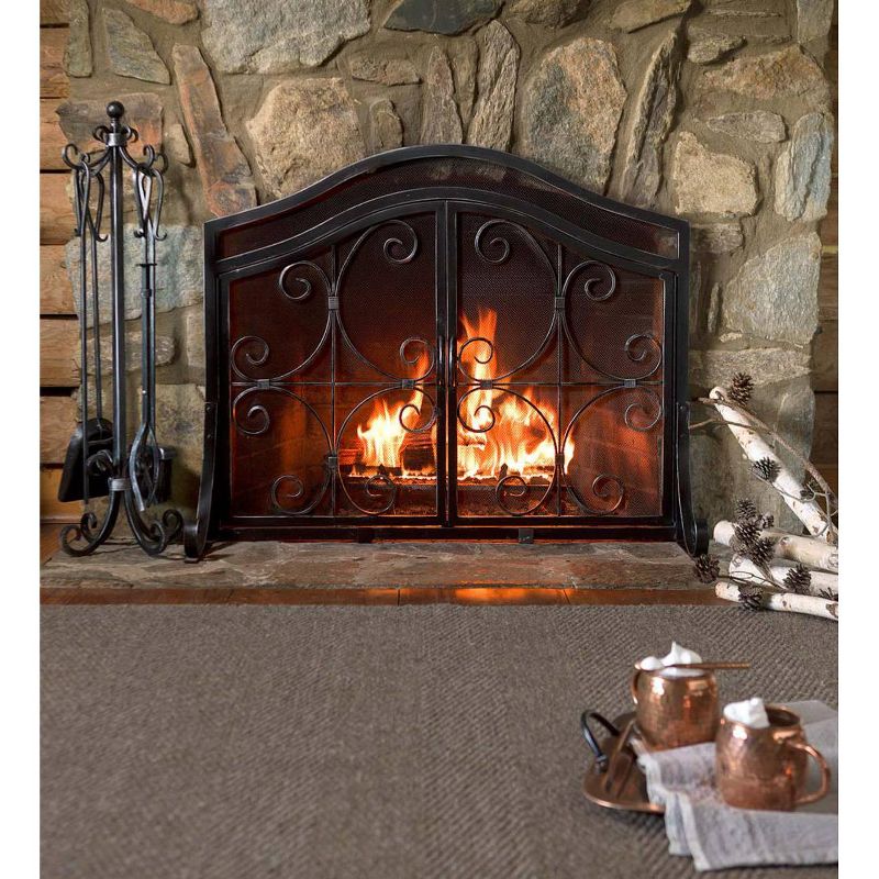 Plow & Hearth - Small Crest Fireplace Fire Screen with Doors, 38" W x 31_" H at Center, 4 of 7