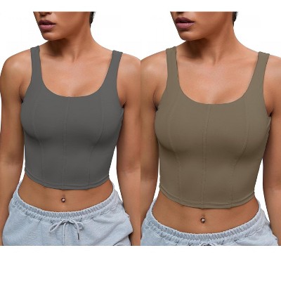 INSPIRE CHIC 2 Pcs Women's U Back Longline Padded Sports Bra Cami Crop Workout Fitness Tank Top with Built-in Bras