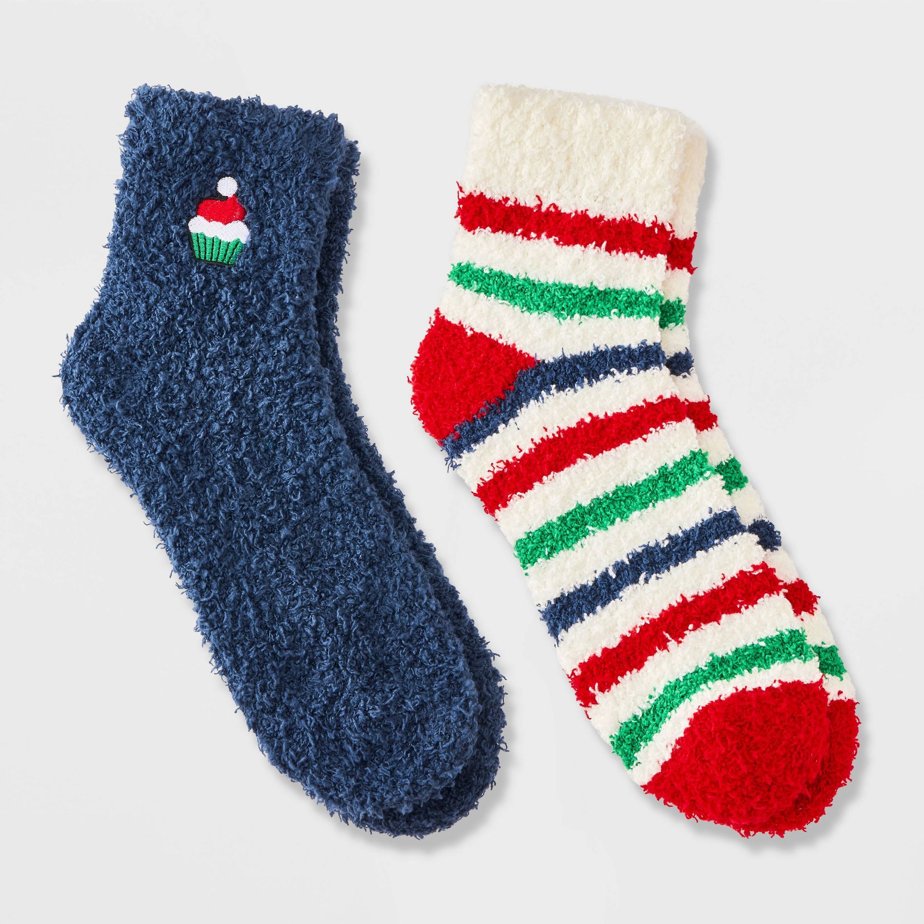 Women's Embroidered Cupcake Christmas 2pk Cozy Ankle Socks - Navy/Ivory/Green 4-10