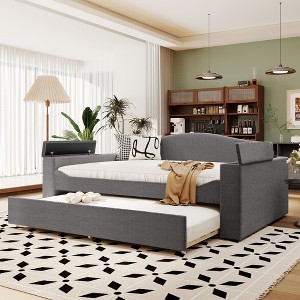 Okak Full Teddy Fleece Daybed with Trundle & Storage Armrests Upholstered Bed Sofa Bed Frame with Bluetooth Audio System Easy to Assemble, Gray - 1 of 4