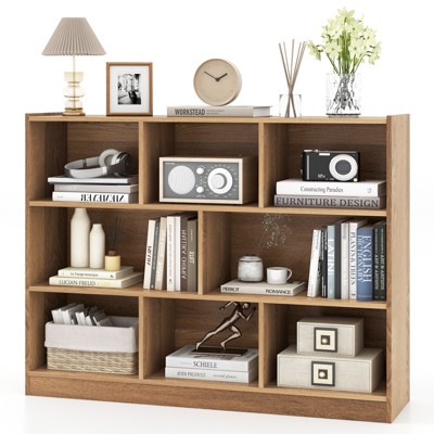 Tangkula Wood Storage Cube Bookcase 3 Tier 8 Cube Open Shelf Storage Cabinet with Anti-Toppling Devices Multipurpose Bookshelf Natural/Burlywood/Oak Grey/White