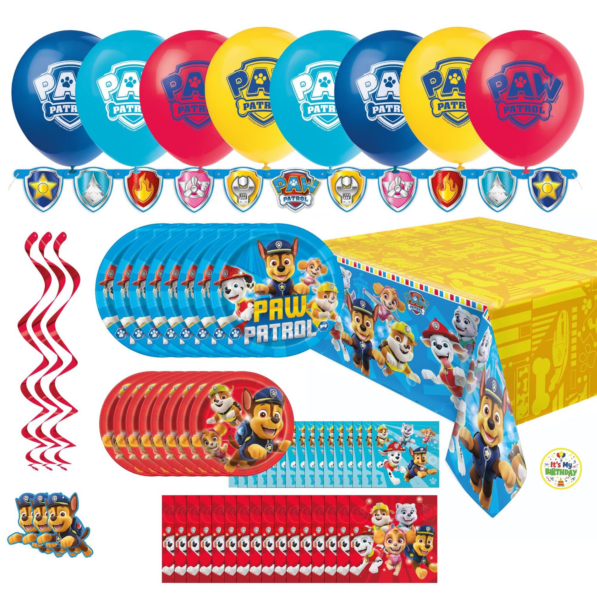 Unique Paw Patrol Birthday Party Supplies for 16 Guests – 79 Piece Kit | Plates, Napkins, Table Cover, Banner, Swirls, Balloons | Officially Licensed