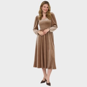 August Sky Women's Velvet Long Sleeve Smocked Midi Dress - 1 of 4