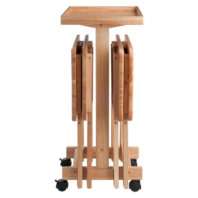 Natural Solid Wood 6-Piece Snack Table Set with Rolling Stand