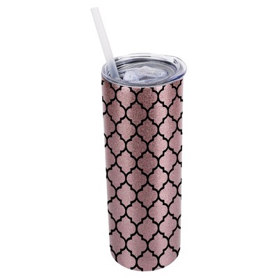 Elanze Designs Bubblegum Pink 20 Ounce Double Wall Stainless Steel Glitter Travel Tumbler With Sliding Lid And Straw, Moroccan Pattern