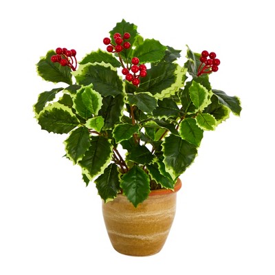 Nearly Natural 14-in Variegated Holly Leaf Artificial Plant in Ceramic Planter (Real Touch)