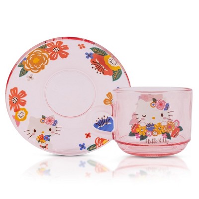 Silver Buffalo Sanrio Hello Kitty Flowers Glass Teacup and Saucer Set