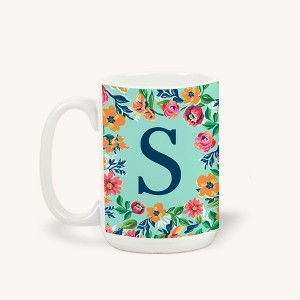 Personalization Mall Flowery Initial Coffee Mug, 15 Oz., Blue Aqua - 1 of 1