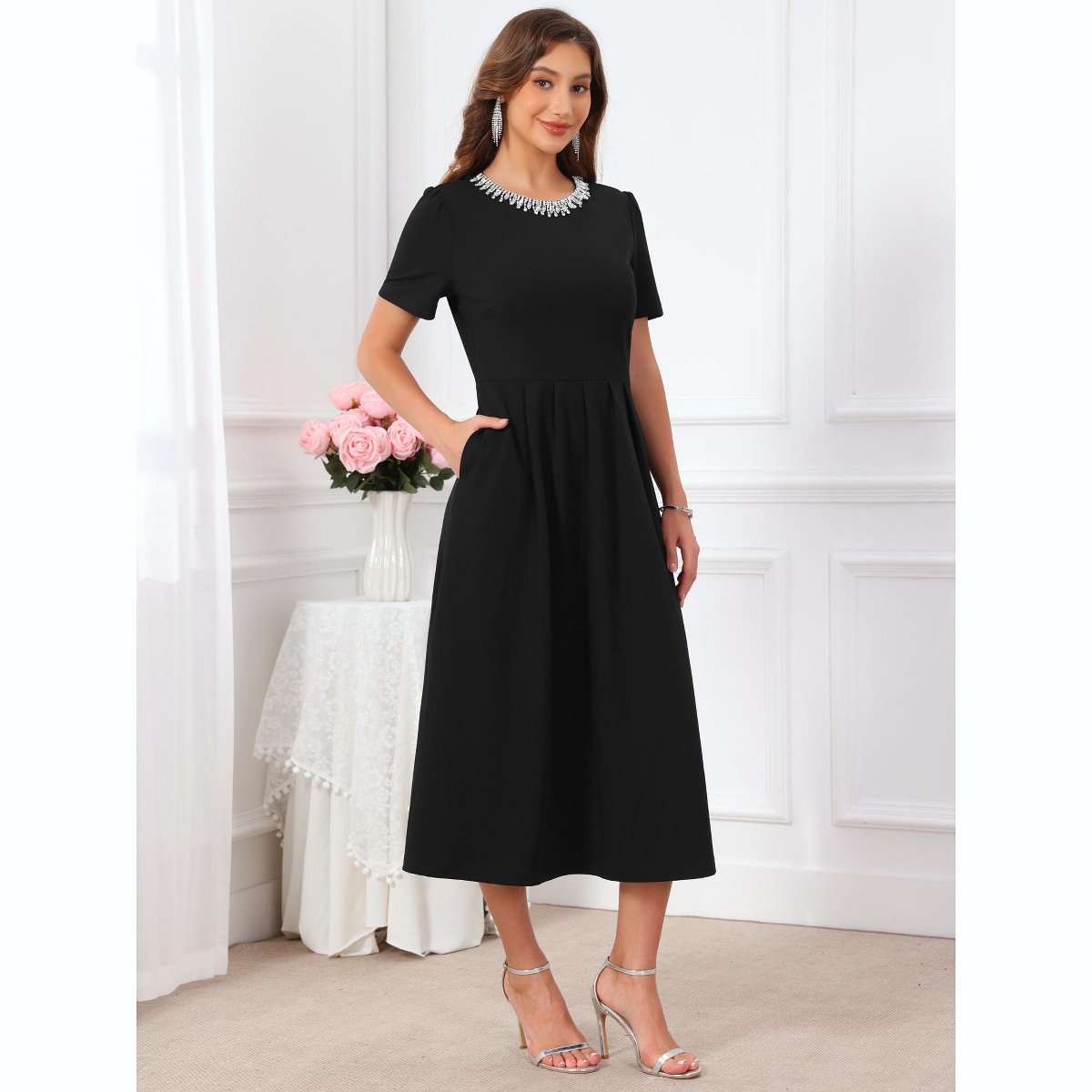 Женские платья INSPIRE CHIC Women's Evening Cocktail Beaded Rhinestones Crewneck Short Sleeve A-Line Formal Dress X-Large Black — фото 2