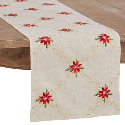 16" X 72" Embroidered Poinsettia Runner Natural - SARO Lifestyle