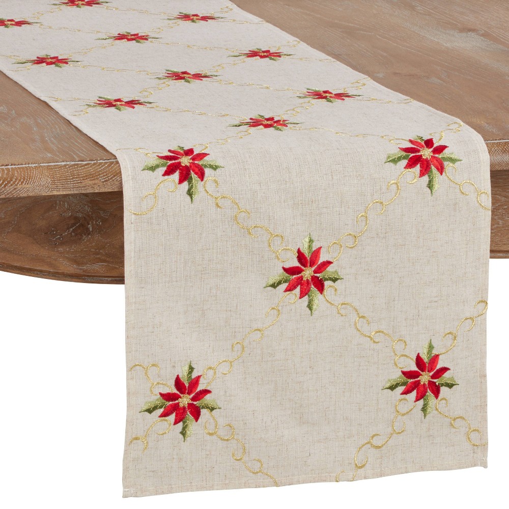 Saro Lifestyle 16" X 72" Embroidered Poinsettia Runner Natural