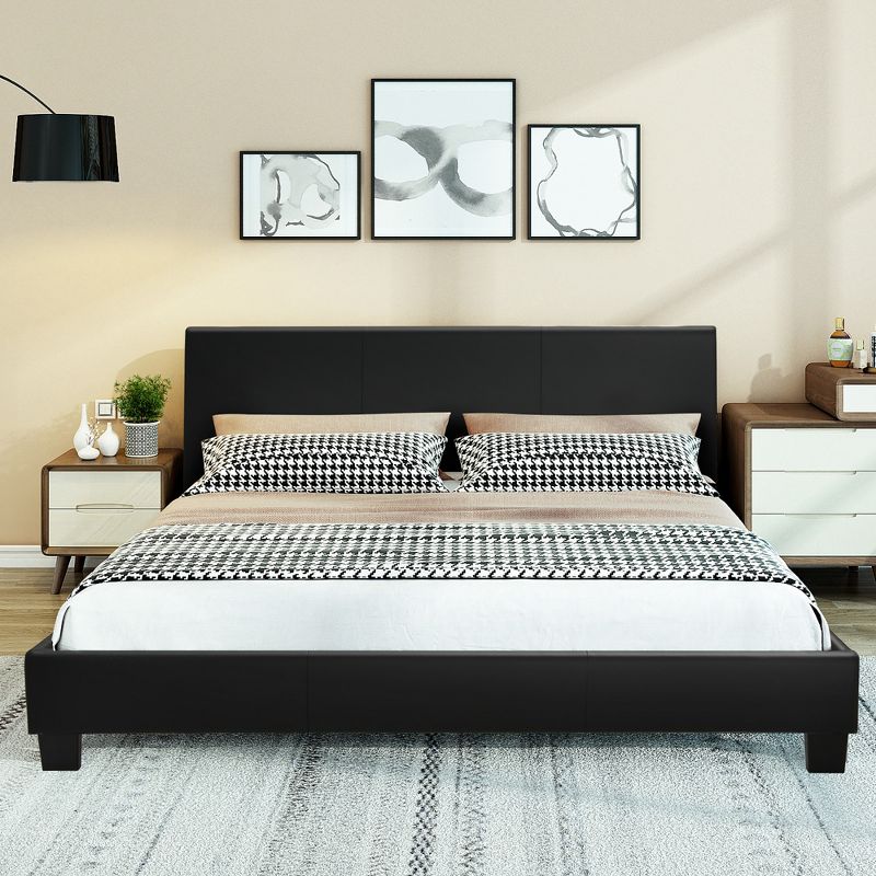 Costway Queen Upholstered Platform Bed Frame with Linen/PU Headboard Wood Slat Gray/Black, 4 of 10