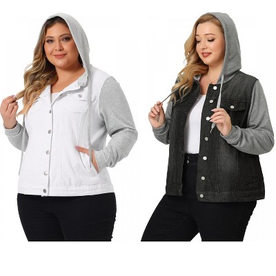 Agnes Orinda Women's Plus Size Layered Drawstring Hoodie Denim Jean Jackets
