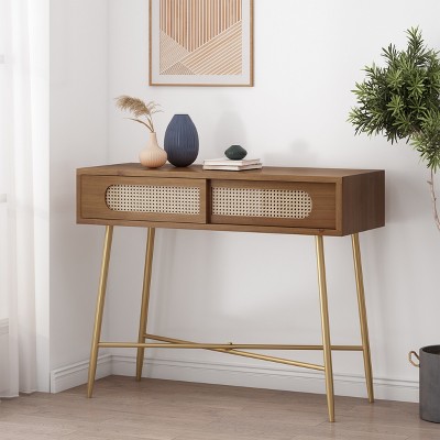 KWPZQEB Entryway Rattan Table, Wood Accent Console Sofa Table with Drawers, Modern Vanity Desk with Iron Legs, Desk for Hallway, Entryway, Living Room