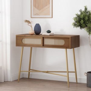 KWPZQEB Entryway Rattan Table, Wood Accent Console Sofa Table with Drawers, Modern Vanity Desk with Iron Legs, Desk for Hallway, Entryway, Living Room - 1 of 4