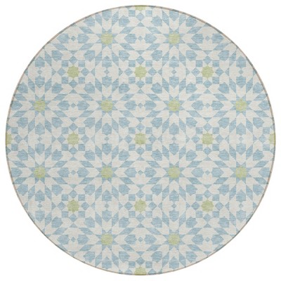 Sky Blue Ivory And Artichoke Green Floral Medallion Washable Indoor Outdoor Area Rug