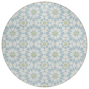Sky Blue Ivory And Artichoke Green Floral Medallion Washable Indoor Outdoor Area Rug - 1 of 4