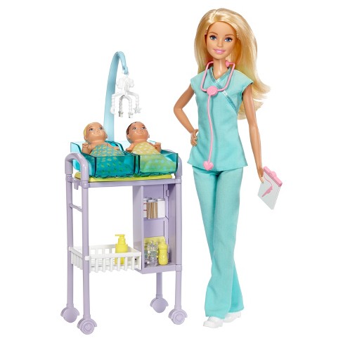 2 Infant Dolls Toy Pieces Barbie Baby Doctor Playset with Blonde Doll Multi