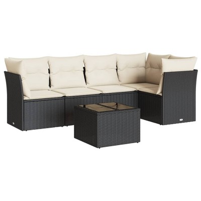 vidaXL 6 Piece Patio Sofa Set with Cushions Black and Cream Poly Rattan - With Table