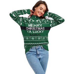 Clearlove Women's Ugly Christmas Sweater Mock Turtleneck Quarter Zip Pullover Long Sleeve Knit Pullover Top - 1 of 4