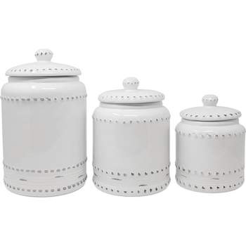 KOVOT 3 Piece Ceramic Canister Set With Air-Sealed Lids & Bonus Decal Labeling Stickers - Ivory White With Antique-Style Finish (108oz, 86oz, & 40oz)