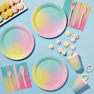 Pastel Rainbow Birthday Party Dinnerware Set with Pink Cutlery