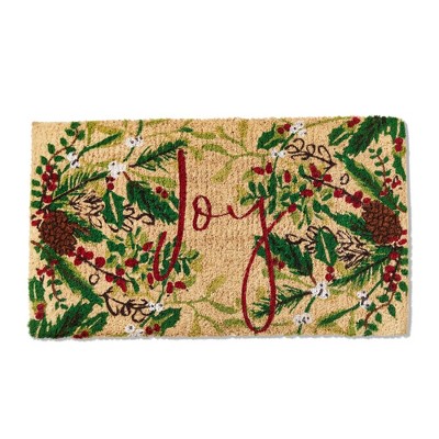 tagltd 1'6" x 2'6" Red Joy Sprig Sentiment Holly Rectangle Indoor Outdoor Coir Door Welcome Mat Multicolored on Beige Background