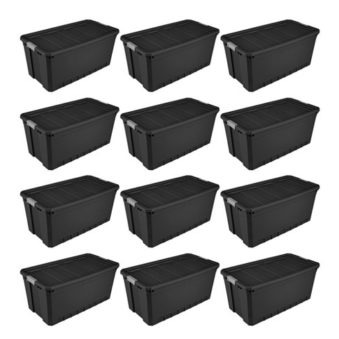 Sterilite 50 Gallon Plastic Stacker Tote, Heavy Duty Lidded Storage Bin  Container for Stackable Garage and Basement Organization, Black, 12-Pack