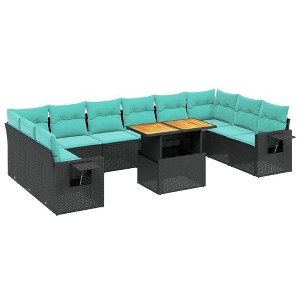 vidaXL 11 Piece Patio Sofa Set with Cushions Black Poly Rattan - Table + 2x corner + 6x middle - 1 of 4