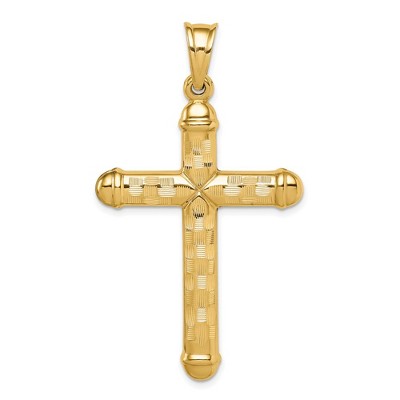 Black Bow Jewelry Mens 14k Yellow Gold Hollow Reversible Textured Cross Pendant, 29x53mm