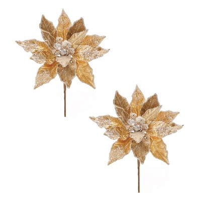 Beaded Gold Poinsettia Flower Stem (Set of 2)