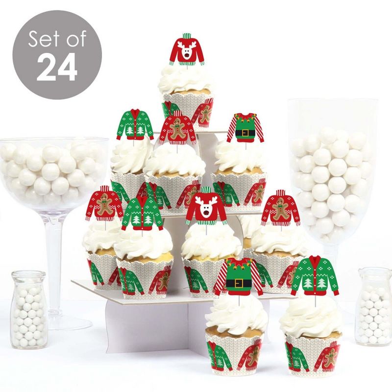 Big Dot of Happiness Ugly Sweater - Cupcake Decoration - Holiday and Christmas Party Cupcake Wrappers and Treat Picks Kit - Set of 24, 2 of 9