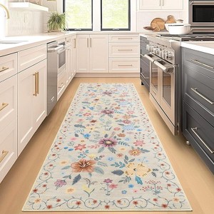 Boho Floral Rug, Washable Soft Low-Pile Non-Shedding Carpet for Living Room, Bedroom, Nursery, Kitchen, Dining, Indoor Use - 1 of 4