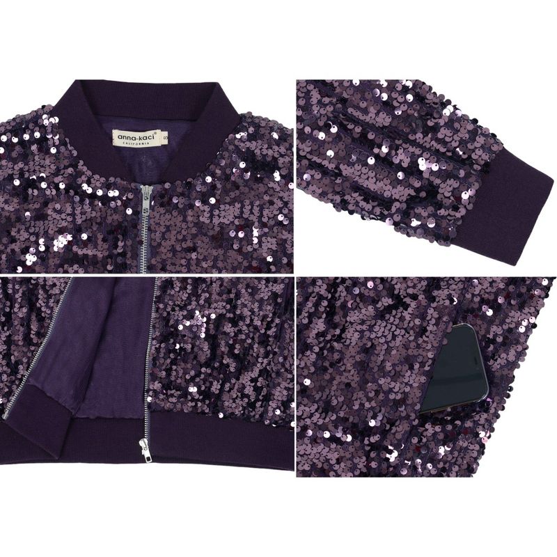 Anna-Kaci Women's Sequin Jacket Sparkle Long Sleeve Front Zip Casual Blazer Bomber Jacket With Pockets, 4 of 6
