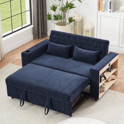 Runesay 61.4" Modern Convertible Loveseat Sofa with Pull-Out Bed and Adjustable Backrest, for Living Room, Blue