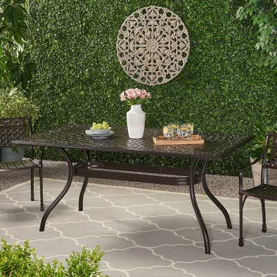 Outdoor Dining Table, Metal Rectangle Dining Table With Umbrella Hole, Outdoor Furniture, Weather Resistant Cast Aluminum Patio Table