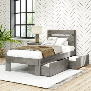 Max & Lily Solid Wood Farmhouse Twin Bed with Plank Headboard and Storage Drawers - 1 of 4