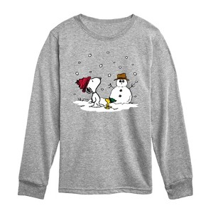Boys' - Peanuts - Snoopy Woodstock Snowman Long Sleeve Graphic T-Shirt - 1 of 4
